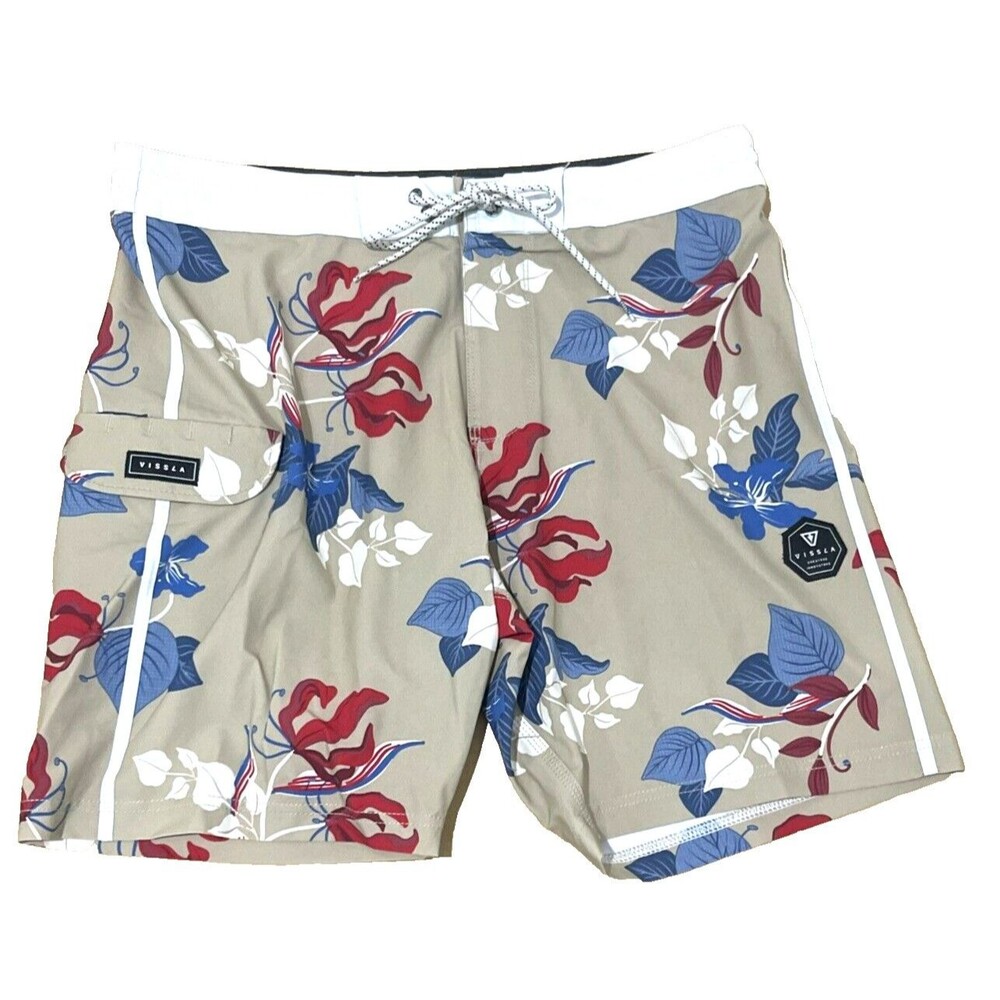 Vissla Swim Trunks Beige Floral Board Shorts Bathing Suit Stretch Mens Size 34